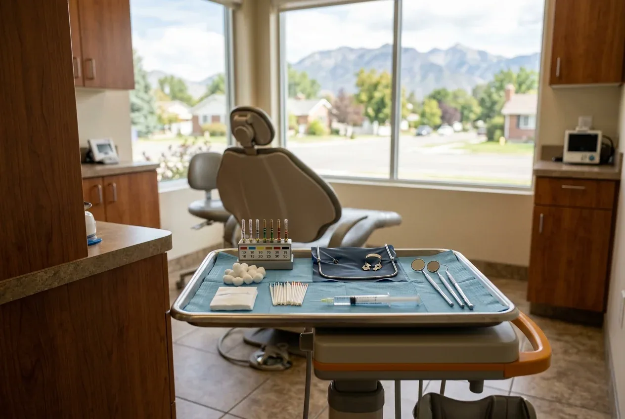 Root canal instruments on a tray in a dental exam room with a chair overlooking a mountain view.