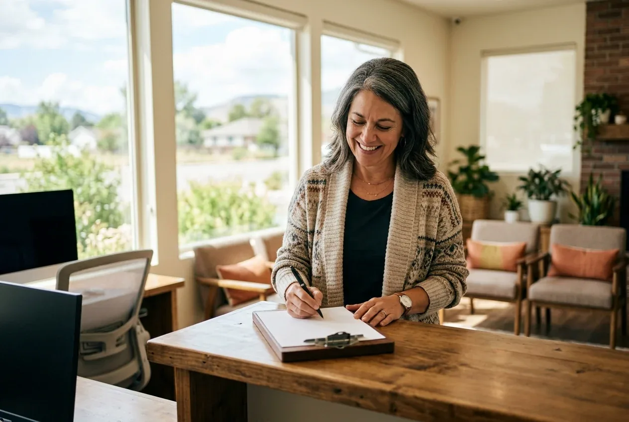 A person smiling while writing on a clipboard at a wooden reception counter.